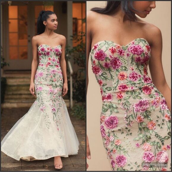 MAC DUGGAL  20652 Beige Strapless Bustier Floral Embroidered Mermaid Gown - Picture 1 of 15